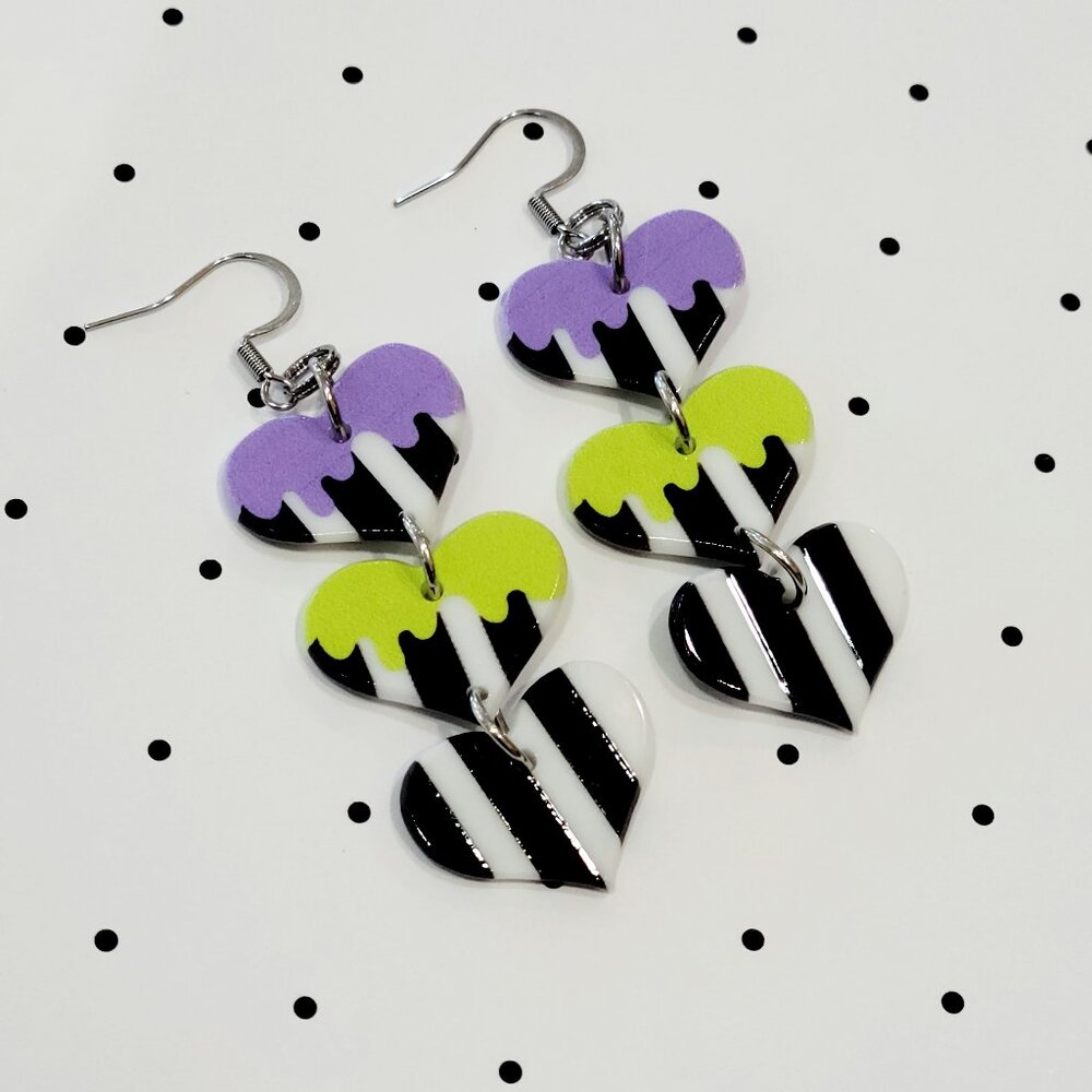Black and White Striped Beetlejuice Inspired Earrings Stainless Steel Hooks NEW